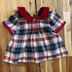 Busy‎ Bees Kids Red Navy Plaid Smocked Wool Cotton Dress Velvet Collar 6M